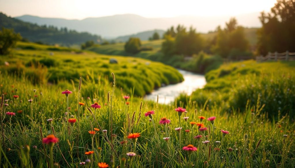 A serene and harmonious natural landscape, bathed in soft, warm light. In the foreground, a peaceful meadow dotted with vibrant wildflowers, their petals gently swaying in a light breeze. In the middle ground, a gently flowing stream winds its way through the lush, verdant vegetation, its surface reflecting the surrounding foliage. In the background, a range of rolling hills or mountains, their peaks shrouded in a hazy, atmospheric mist. The overall scene exudes a sense of balance, tranquility, and oneness with the natural world.