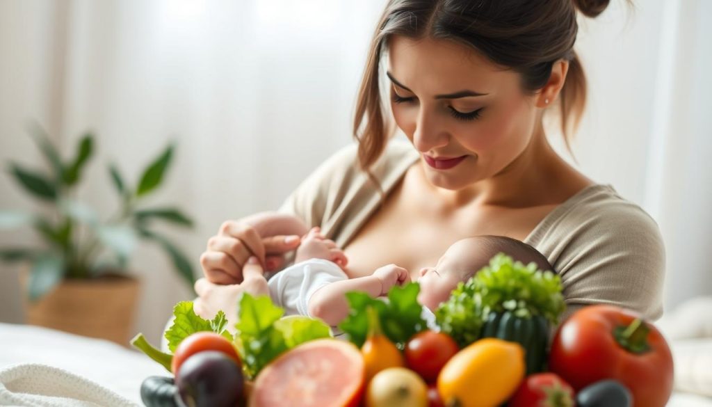 A serene and tranquil scene depicting the role of vitamins during breastfeeding. In the foreground, a mother gently cradles her newborn, their faces aglow with a soft, warm light. The mother's expression is one of calm and contentment as she gazes lovingly at her child. In the middle ground, a selection of nutritious, brightly colored fruits and vegetables are arranged, symbolizing the essential vitamins and minerals that support the mother's wellbeing and the infant's healthy development. The background is softly blurred, creating a sense of intimacy and focus on the central figures. The overall atmosphere is one of nurturing, nourishment, and the deep bond between mother and child. A serene and tranquil scene depicting the role of vitamins during breastfeeding. In the foreground, a mother gently cradles her newborn, their faces aglow with a soft, warm light. The mother's expression is one of calm and contentment as she gazes lovingly at her child. In the middle ground, a selection of nutritious, brightly colored fruits and vegetables are arranged, symbolizing the essential vitamins and minerals that support the mother's wellbeing and the infant's healthy development. The background is softly blurred, creating a sense of intimacy and focus on the central figures. The overall atmosphere is one of nurturing, nourishment, and the deep bond between mother and child.