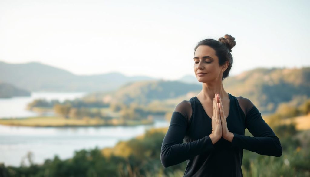 A serene landscape with a figure in the foreground deeply engaged in a yoga or meditation practice, their movements graceful and fluid. The background features a tranquil lake or river, surrounded by lush greenery and rolling hills. Soft, diffused lighting casts a warm, calming glow over the scene. The composition is balanced and harmonious, conveying a sense of inner peace and harmony with the natural world. The model's expression is one of deep focus and contentment, embodying the strength and tranquility that comes from a regular physical practice.