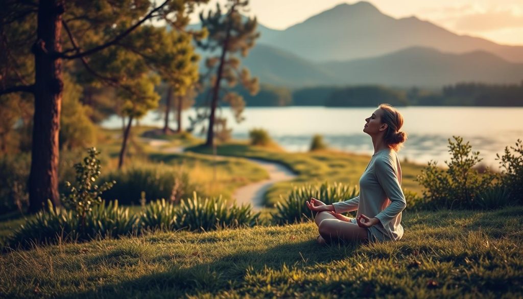 A serene nature landscape with lush greenery, a tranquil lake, and a picturesque mountain range in the background. Soft, warm lighting bathes the scene, creating a calming and peaceful atmosphere. In the foreground, a person sits cross-legged on the grass, their eyes closed in meditation, connecting with the natural surroundings. The middle ground features a path winding through the trees, symbolizing the journey of mental well-being. The overall composition conveys a sense of harmony, balance, and the restorative power of the natural environment on the human psyche. A serene nature landscape with lush greenery, a tranquil lake, and a picturesque mountain range in the background. Soft, warm lighting bathes the scene, creating a calming and peaceful atmosphere. In the foreground, a person sits cross-legged on the grass, their eyes closed in meditation, connecting with the natural surroundings. The middle ground features a path winding through the trees, symbolizing the journey of mental well-being. The overall composition conveys a sense of harmony, balance, and the restorative power of the natural environment on the human psyche.