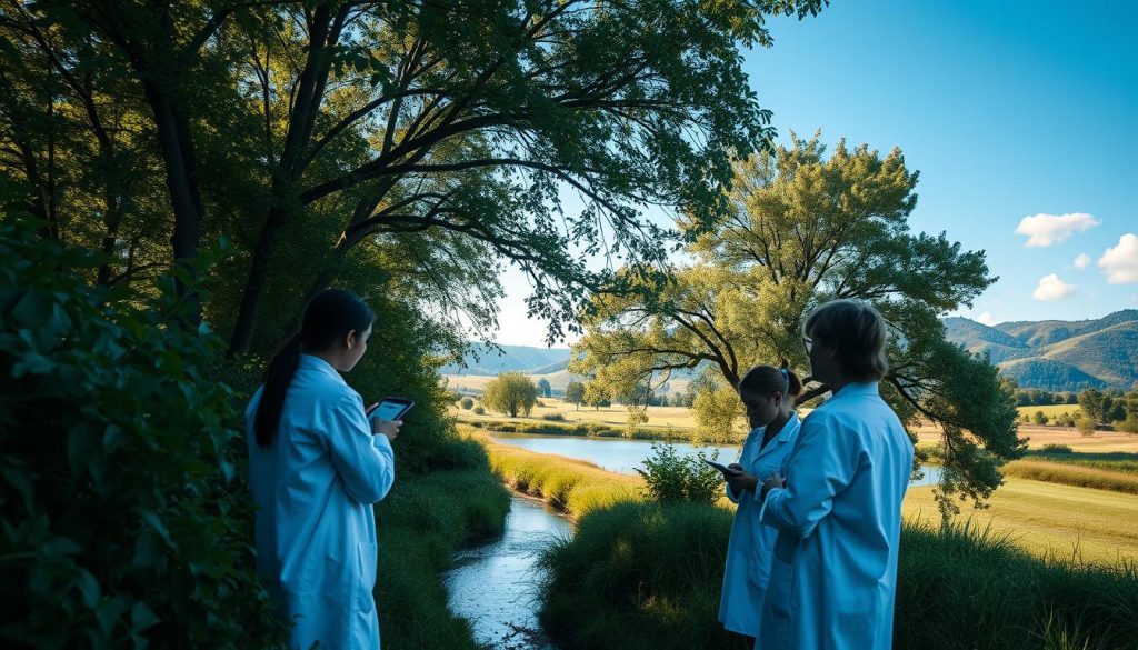 A serene outdoor scene depicting scientific research in a natural setting. In the foreground, a group of researchers in white lab coats intently observe and document the lush, verdant foliage surrounding them. The middle ground features a tranquil stream or pond, its surface gently rippled by the breeze. In the background, rolling hills and a cloudless blue sky create a peaceful, contemplative atmosphere. Warm, diffused lighting filters through the canopy of trees, casting a soft, natural glow over the entire scene. The composition conveys a sense of harmony between the scientific pursuit and the restorative power of the natural world. A serene outdoor scene depicting scientific research in a natural setting. In the foreground, a group of researchers in white lab coats intently observe and document the lush, verdant foliage surrounding them. The middle ground features a tranquil stream or pond, its surface gently rippled by the breeze. In the background, rolling hills and a cloudless blue sky create a peaceful, contemplative atmosphere. Warm, diffused lighting filters through the canopy of trees, casting a soft, natural glow over the entire scene. The composition conveys a sense of harmony between the scientific pursuit and the restorative power of the natural world.