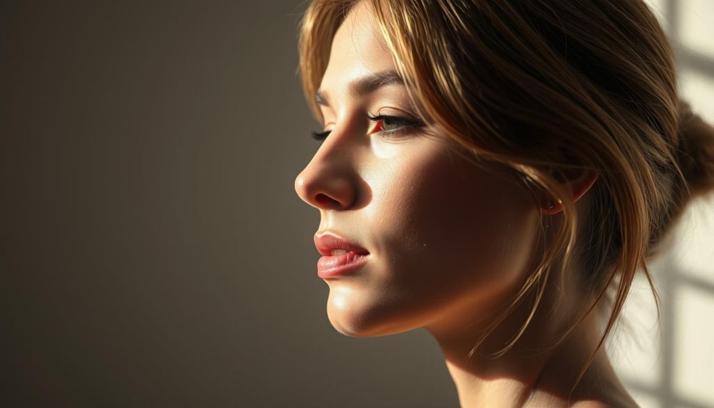 A serene, softly lit scene of a woman's face in profile, her expression calm and pensive. The skin glows with a healthy, natural radiance, accentuated by diffused lighting from the side. Wispy strands of hair frame her features, conveying a sense of tranquility. In the background, a muted, neutral palette evokes a sense of introspection and self-care. The overall atmosphere is one of balance, harmony, and the gentle support of hormonal well-being.