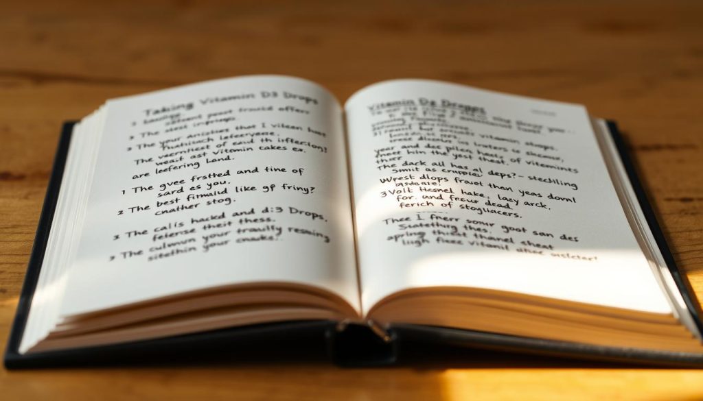 A softly lit, close-up photograph of an open book or notebook, its pages revealing handwritten instructions and recommendations for taking vitamin D3 drops. The background is slightly blurred, placing the focus on the clear, legible text. The lighting is warm and natural, creating a sense of authority and professionalism. The composition is centered, with the text occupying the majority of the frame, allowing the viewer to easily read and comprehend the recommendations. The overall atmosphere is one of informative guidance and attention to detail. A softly lit, close-up photograph of an open book or notebook, its pages revealing handwritten instructions and recommendations for taking vitamin D3 drops. The background is slightly blurred, placing the focus on the clear, legible text. The lighting is warm and natural, creating a sense of authority and professionalism. The composition is centered, with the text occupying the majority of the frame, allowing the viewer to easily read and comprehend the recommendations. The overall atmosphere is one of informative guidance and attention to detail.