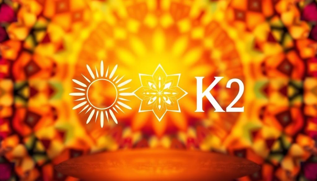 A synergistic blend of vitamin D3 and K2 against a vibrant, harmonious backdrop. In the foreground, a radiant sun symbol represents the potent vitamin D3, while an elegant geometric K2 icon stands in the middle ground. The background features a kaleidoscopic array of warm, earthy tones, hinting at the natural, holistic balance these two essential nutrients achieve when taken together. Soft, diffused lighting casts a gentle, soothing glow, conveying the idea of wellness and optimal bodily function. The overall composition evokes a sense of vitality, interdependence, and the profound benefits of this dynamic nutritional duo. A synergistic blend of vitamin D3 and K2 against a vibrant, harmonious backdrop. In the foreground, a radiant sun symbol represents the potent vitamin D3, while an elegant geometric K2 icon stands in the middle ground. The background features a kaleidoscopic array of warm, earthy tones, hinting at the natural, holistic balance these two essential nutrients achieve when taken together. Soft, diffused lighting casts a gentle, soothing glow, conveying the idea of wellness and optimal bodily function. The overall composition evokes a sense of vitality, interdependence, and the profound benefits of this dynamic nutritional duo.