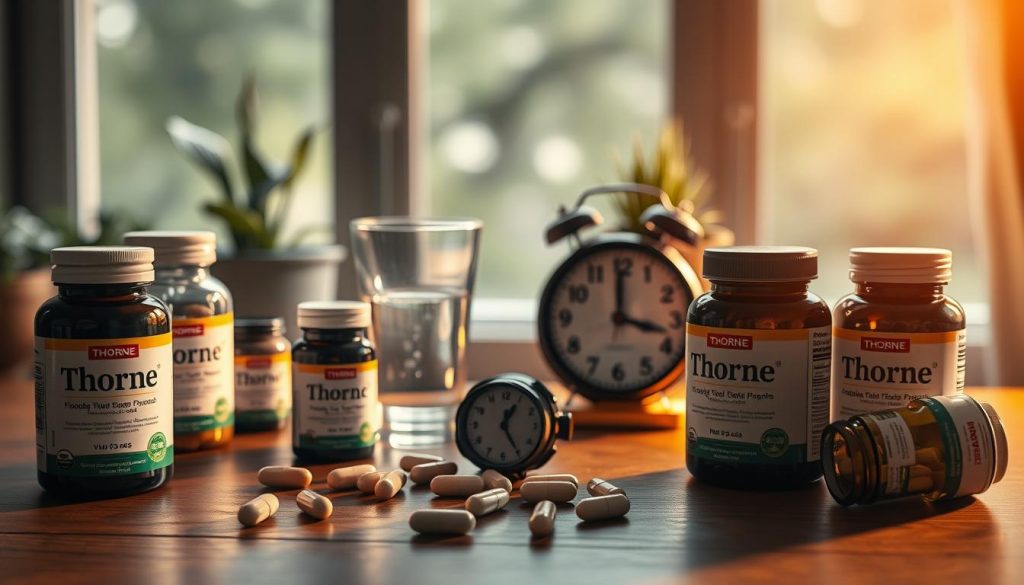 A thoughtfully arranged still life scene depicting the optimal time to take supplements. In the foreground, a collection of Thorne vitamin bottles and capsules, meticulously arranged on a wooden surface with soft, warm lighting illuminating the scene. In the middle ground, a glass of water and a clock showing the ideal time for supplement intake. The background features a serene, blurred natural landscape, perhaps a window or potted plants, creating a sense of tranquility. The overall composition conveys a sense of care, mindfulness, and the importance of properly timing the consumption of these Thorne vitamins. A thoughtfully arranged still life scene depicting the optimal time to take supplements. In the foreground, a collection of Thorne vitamin bottles and capsules, meticulously arranged on a wooden surface with soft, warm lighting illuminating the scene. In the middle ground, a glass of water and a clock showing the ideal time for supplement intake. The background features a serene, blurred natural landscape, perhaps a window or potted plants, creating a sense of tranquility. The overall composition conveys a sense of care, mindfulness, and the importance of properly timing the consumption of these Thorne vitamins.