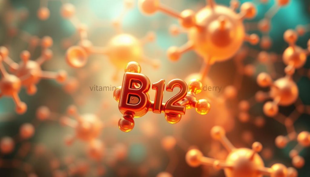 a vibrant, detailed illustration of vitamin B12 and its role in metabolism, depicting a central focus on a glossy, three-dimensional B12 molecule in the foreground, surrounded by a hazy, ethereal background of intricate metabolic pathways, energy cycles, and cellular processes. The lighting is soft and diffuse, creating a sense of depth and dimension, while the color palette is rich and saturated, with warm tones of oranges and yellows blending seamlessly with cooler blues and greens. The overall composition conveys a sense of balance and harmony, highlighting the vital importance of vitamin B12 in maintaining a healthy, efficient metabolic system.