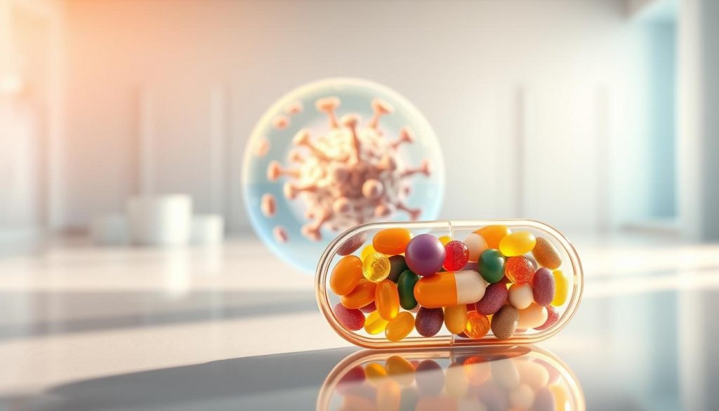 A vibrant, high-resolution illustration showcasing the bioavailability of Orthomol vitamin complexes. In the foreground, a transparent capsule filled with a harmonious blend of essential vitamins and minerals, illuminated by warm, natural lighting. In the middle ground, a microscopic view reveals the efficient absorption and utilization of these nutrients by human cells, represented by intricate molecular structures. The background depicts a serene, minimalist scientific laboratory setting, emphasizing the quality and purity of the Orthomol formulation. The overall composition conveys the optimal bioavailability and superior efficacy of Orthomol vitamins, aligning with the section's focus on the key advantages of this nutraceutical brand. A vibrant, high-resolution illustration showcasing the bioavailability of Orthomol vitamin complexes. In the foreground, a transparent capsule filled with a harmonious blend of essential vitamins and minerals, illuminated by warm, natural lighting. In the middle ground, a microscopic view reveals the efficient absorption and utilization of these nutrients by human cells, represented by intricate molecular structures. The background depicts a serene, minimalist scientific laboratory setting, emphasizing the quality and purity of the Orthomol formulation. The overall composition conveys the optimal bioavailability and superior efficacy of Orthomol vitamins, aligning with the section's focus on the key advantages of this nutraceutical brand.