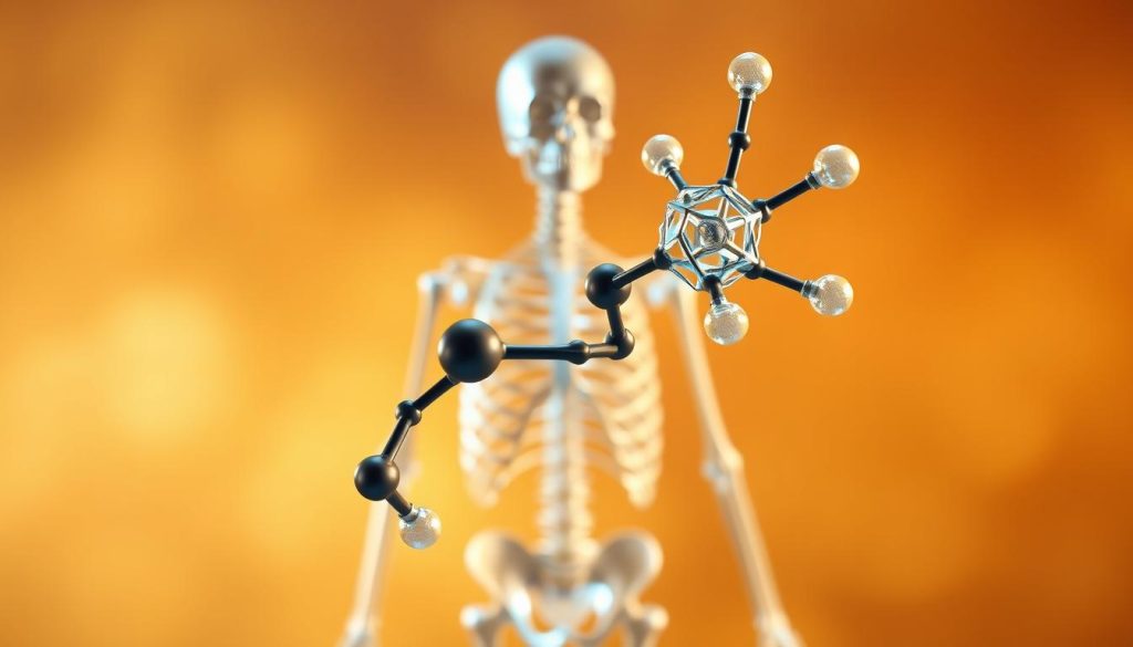 A vibrant, highly detailed 3D render of a molecular structure representing cholecalciferol, also known as vitamin D3, set against a soft, glowing background. The molecule is showcased in the foreground, its intricate bonds and geometry rendered with photorealistic precision. The middle ground features a skeletal system, with bones rendered in a semi-transparent, ethereal style to emphasize the role of vitamin D in bone health. The background is a warm, gradient-filled atmosphere, evoking a sense of wellness and vitality. Dramatic lighting from multiple angles highlights the interplay between the molecular structure and the skeletal system, creating a visually striking and informative illustration. A vibrant, highly detailed 3D render of a molecular structure representing cholecalciferol, also known as vitamin D3, set against a soft, glowing background. The molecule is showcased in the foreground, its intricate bonds and geometry rendered with photorealistic precision. The middle ground features a skeletal system, with bones rendered in a semi-transparent, ethereal style to emphasize the role of vitamin D in bone health. The background is a warm, gradient-filled atmosphere, evoking a sense of wellness and vitality. Dramatic lighting from multiple angles highlights the interplay between the molecular structure and the skeletal system, creating a visually striking and informative illustration.