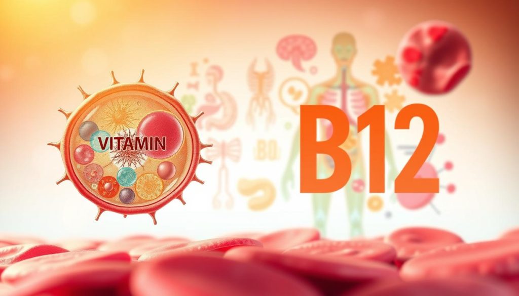 A vibrant, scientific illustration depicting the essential role of vitamin B12 in the human body. In the foreground, a detailed cross-section of a human cell, showcasing the intricate metabolic processes facilitated by B12. The middle ground features a collage of anatomical structures - the digestive system, nervous system, and red blood cells - highlighting the widespread influence of this vital nutrient. The background is a soft, ethereal gradient, conveying the idea of B12's fundamental importance to overall health and wellbeing. The lighting is warm and natural, lending a sense of depth and realism to the scene. The composition is balanced and visually captivating, drawing the viewer's attention to the central role of vitamin B12 in the human organism.