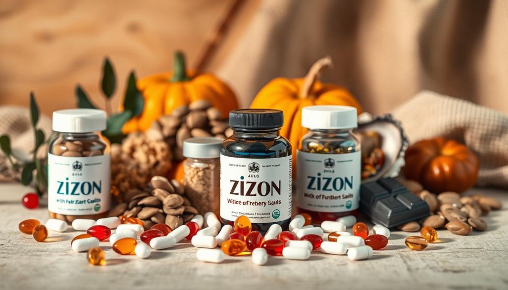 A vibrant still life composition depicting an assortment of zinc supplements. In the foreground, an array of zinc tablets, capsules, and gummies arranged in an elegant and visually appealing manner. The middle ground showcases various zinc-rich foods such as oysters, pumpkin seeds, and dark chocolate, highlighting the natural sources of this essential mineral. The background features a soft, blurred organic backdrop, perhaps a wooden surface or a textured fabric, creating a warm and inviting atmosphere. The lighting is soft and diffused, casting gentle shadows and highlights that accentuate the textures and colors of the elements. The overall mood is one of health, wellness, and the thoughtful curation of zinc-based nutritional choices. A vibrant still life composition depicting an assortment of zinc supplements. In the foreground, an array of zinc tablets, capsules, and gummies arranged in an elegant and visually appealing manner. The middle ground showcases various zinc-rich foods such as oysters, pumpkin seeds, and dark chocolate, highlighting the natural sources of this essential mineral. The background features a soft, blurred organic backdrop, perhaps a wooden surface or a textured fabric, creating a warm and inviting atmosphere. The lighting is soft and diffused, casting gentle shadows and highlights that accentuate the textures and colors of the elements. The overall mood is one of health, wellness, and the thoughtful curation of zinc-based nutritional choices.