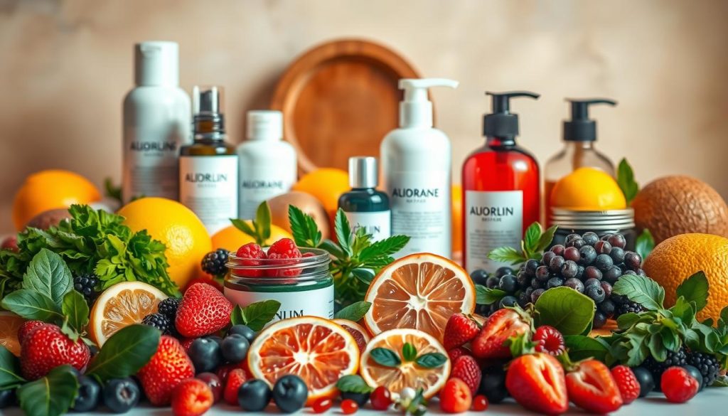 A vibrant still life composition featuring an assortment of antioxidant-rich ingredients for skin and hair care. In the foreground, an array of fresh berries, citrus fruits, and leafy greens, their vivid colors and textures emphasizing their natural goodness. In the middle ground, various bottles and jars of skincare and haircare products, the labels showcasing their key antioxidant components. The background is softly lit, creating an inviting, spa-like atmosphere. The lighting is warm and diffused, highlighting the natural glow of the ingredients and products. The camera angle is slightly elevated, providing a visually appealing and enticing perspective.