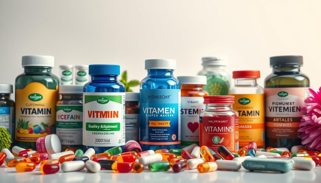 A vibrant still life composition showcasing an assortment of high-quality vitamin supplement packaging. In the foreground, various tablet bottles, softgels, and gummies are arranged in an eye-catching display, their labels and designs meticulously detailed. The middle ground features a seamless blend of complementary colors, textures, and shapes, creating a harmonious and visually appealing arrangement. The background subtly fades into a softly lit, neutral setting, allowing the vitamins to take center stage. The overall scene conveys a sense of health, wellness, and the diverse range of modern vitamin supplement formulations available to health-conscious consumers.