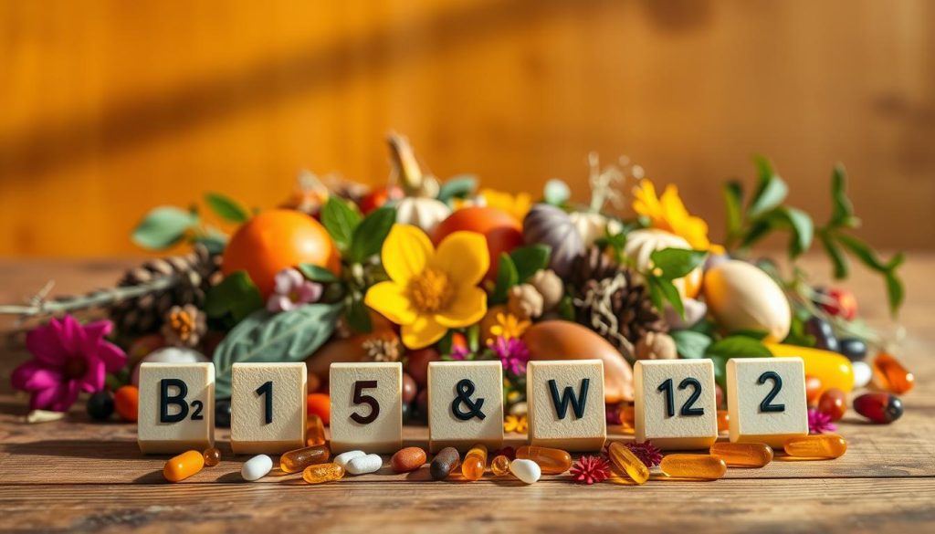 A vibrant still life showcasing the essential components of the B-complex vitamins. In the foreground, a selection of key B vitamins - B1, B2, B3, B5, B6, B7, B9, and B12 - are artfully arranged on a wooden surface. The middle ground features a scattering of botanical elements like leaves, flowers, and herbs to create a natural, organic feel. Warm, diffused lighting from the side illuminates the scene, casting soft shadows and highlighting the rich colors and textures of the vitamins and botanicals. The overall composition conveys the complexity and importance of the B-complex, while maintaining a visually striking and harmonious aesthetic.