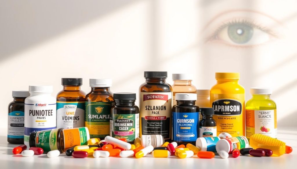 A vibrant still life showcasing the key criteria for selecting optimal vitamin complexes. In the foreground, an assortment of various vitamin supplements neatly arranged, their labels and packaging prominently displayed. In the middle ground, a clean white background allows the products to stand out, while subtle lighting from the side casts shadows that add depth and dimensionality. The background features a soft, out-of-focus image of a human eye, subtly hinting at the importance of these vitamins for eye health. The overall composition and color palette convey a sense of professionalism, authority, and attention to detail, reflecting the subject matter of the article.