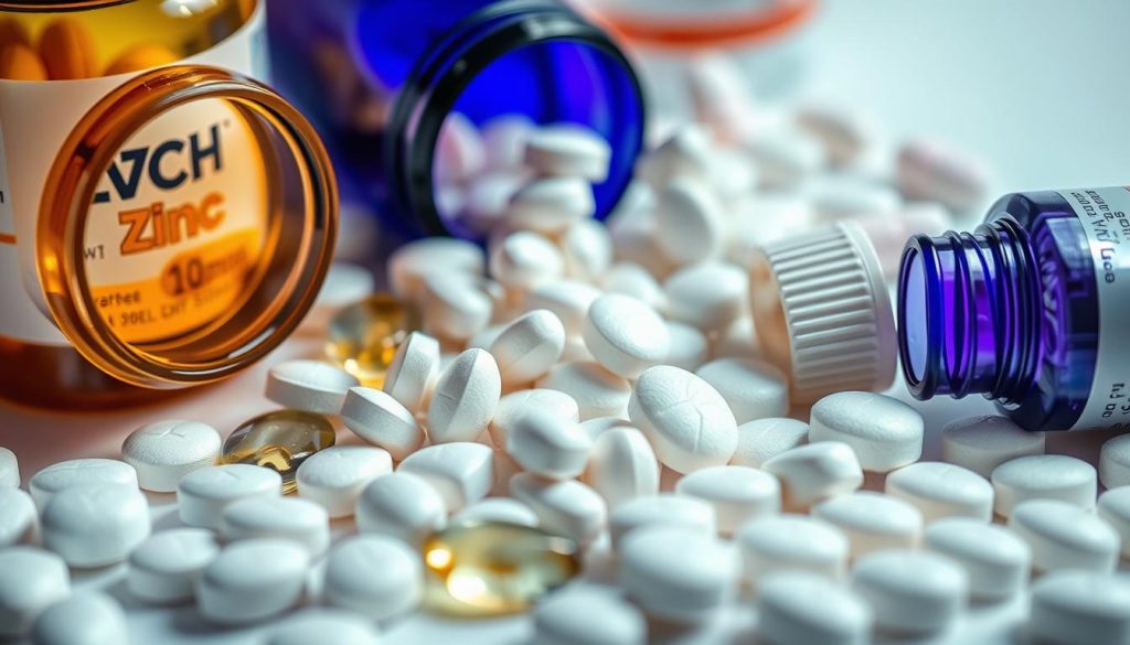 A well-lit close-up of various zinc dietary supplements, including zinc tablets, capsules, and lozenges, arranged in a visually appealing composition. The foreground features a diverse selection of zinc products in different shapes, sizes, and colors, such as standard zinc tablets, zinc gluconate capsules, and zinc citrate lozenges. The middle ground showcases the textural details and material properties of the supplements, while the background provides a clean, minimalist setting to highlight the products. The overall mood is clinical yet approachable, conveying the health benefits and versatility of zinc supplements. A well-lit close-up of various zinc dietary supplements, including zinc tablets, capsules, and lozenges, arranged in a visually appealing composition. The foreground features a diverse selection of zinc products in different shapes, sizes, and colors, such as standard zinc tablets, zinc gluconate capsules, and zinc citrate lozenges. The middle ground showcases the textural details and material properties of the supplements, while the background provides a clean, minimalist setting to highlight the products. The overall mood is clinical yet approachable, conveying the health benefits and versatility of zinc supplements.