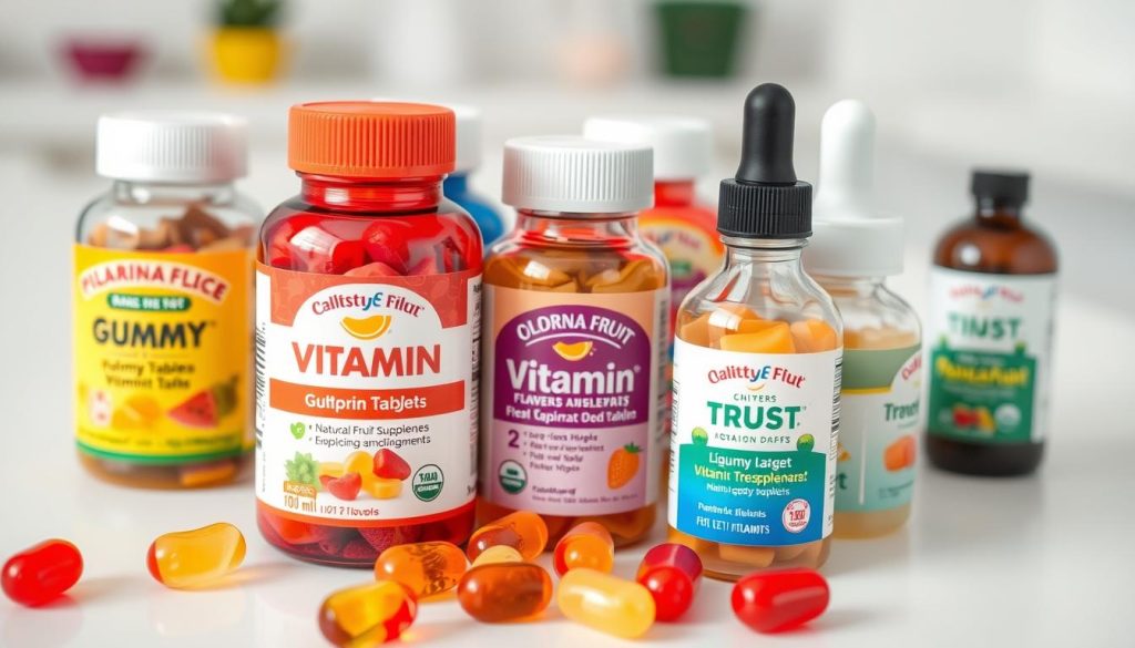 A well-lit, close-up photograph of various children's vitamin supplements, including gummy vitamins, chewable tablets, and liquid drops, neatly arranged on a white table or countertop. The supplements should have a vibrant, appetizing appearance, reflecting their natural fruit flavors and the health benefits they provide. The image should convey a sense of trust, quality, and the importance of proper vitamin D intake for children's growth and development. A well-lit, close-up photograph of various children's vitamin supplements, including gummy vitamins, chewable tablets, and liquid drops, neatly arranged on a white table or countertop. The supplements should have a vibrant, appetizing appearance, reflecting their natural fruit flavors and the health benefits they provide. The image should convey a sense of trust, quality, and the importance of proper vitamin D intake for children's growth and development.