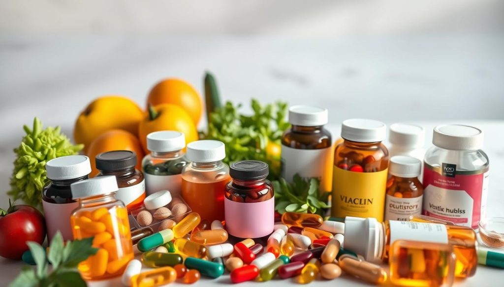 A well-lit, high-angle photograph showcasing an assortment of vitamin supplements and health products. The foreground features various vitamin bottles, tablets, and capsules arranged in a visually appealing manner, highlighting the diversity of choices. The middle ground includes supporting elements such as fresh fruits, vegetables, and a clean, modern-looking background, conveying a sense of healthy living. Subtle studio lighting casts a warm, natural glow across the scene, emphasizing the quality and purity of the vitamins. The overall composition is balanced, drawing the viewer's attention to the key decision-making aspects of selecting the right vitamin complexes for adults.