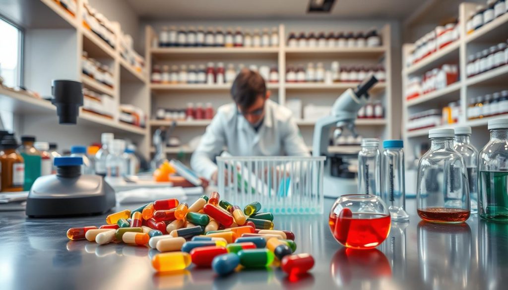 A well-lit laboratory workspace with scientific equipment and test tubes arranged on a clean, stainless steel counter. In the foreground, a cluster of colorful vitamin capsules and supplements sit alongside a microscope, Petri dishes, and other research tools. The middle ground features a scientist in a white lab coat examining a sample under a high-powered microscope, their face obscured. The background showcases floor-to-ceiling shelves filled with labeled bottles and jars, hinting at the breadth of the vitamin research being conducted. The overall scene conveys a sense of diligent, systematic inquiry into the properties and efficacy of various vitamin complexes. A well-lit laboratory workspace with scientific equipment and test tubes arranged on a clean, stainless steel counter. In the foreground, a cluster of colorful vitamin capsules and supplements sit alongside a microscope, Petri dishes, and other research tools. The middle ground features a scientist in a white lab coat examining a sample under a high-powered microscope, their face obscured. The background showcases floor-to-ceiling shelves filled with labeled bottles and jars, hinting at the breadth of the vitamin research being conducted. The overall scene conveys a sense of diligent, systematic inquiry into the properties and efficacy of various vitamin complexes.