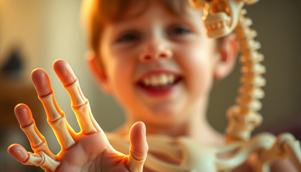 A well-lit scene depicting a young child's skeletal system, with a focus on the bones and teeth. Soft lighting from above casts a warm glow, highlighting the intricate structure of the growing bones and emerging teeth. The foreground features a close-up view of the child's hands, revealing the delicate phalanges and wrist bones. In the middle ground, the child's face is partially visible, showcasing the developing jaw and teeth. The background blurs softly, creating a sense of depth and drawing the viewer's attention to the key elements. The overall atmosphere conveys a sense of scientific curiosity and the importance of bone and dental health in childhood development. A well-lit scene depicting a young child's skeletal system, with a focus on the bones and teeth. Soft lighting from above casts a warm glow, highlighting the intricate structure of the growing bones and emerging teeth. The foreground features a close-up view of the child's hands, revealing the delicate phalanges and wrist bones. In the middle ground, the child's face is partially visible, showcasing the developing jaw and teeth. The background blurs softly, creating a sense of depth and drawing the viewer's attention to the key elements. The overall atmosphere conveys a sense of scientific curiosity and the importance of bone and dental health in childhood development.