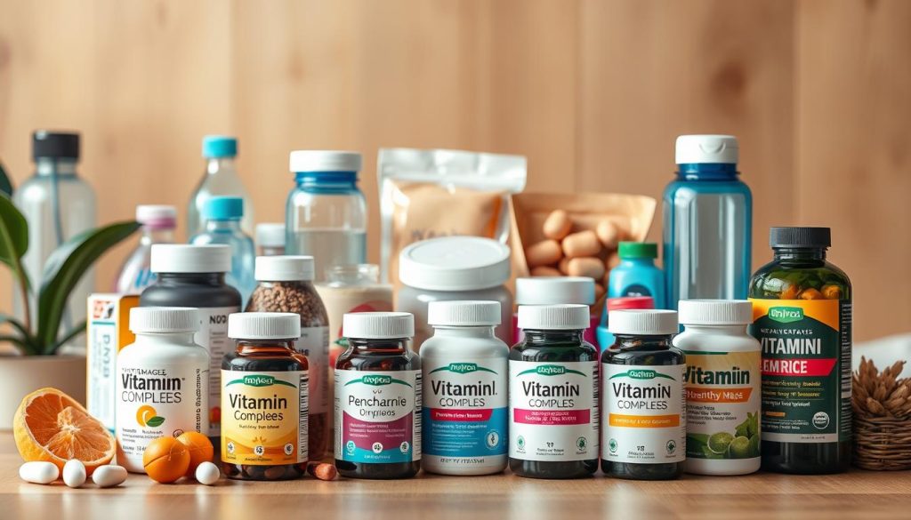 A well-lit table display featuring an assortment of high-quality vitamin supplement bottles and packages, arranged in an aesthetically pleasing and informative manner. The foreground showcases several different vitamin complexes, each with a clear and visible label highlighting the key nutrients. The middle ground includes various supporting healthcare items like pill organizers, water bottles, and healthy snacks, creating a holistic wellness atmosphere. The background features a soft, warm-toned backdrop, such as a wooden surface or subtle gradient, to draw the viewer's attention to the featured supplements. The overall composition conveys a sense of informed decision-making, highlighting the importance of carefully selecting the right vitamins to support women's health after the age of 40.
