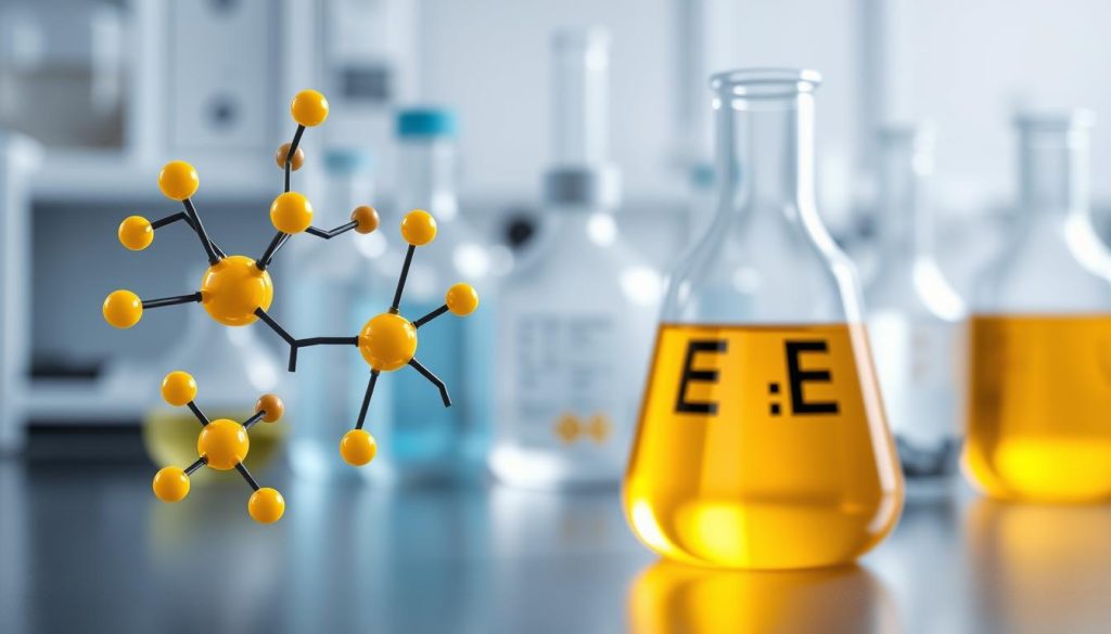 Detailed 3D illustration of tocotrienols and vitamin E in a clean, scientific style. In the foreground, molecular structures of tocotrienol and vitamin E compounds are prominently displayed, rendered with precision and vibrant colors. In the middle ground, a glass laboratory beaker filled with a golden liquid representing the compounds, lit by soft, diffused lighting. The background features a blurred, out-of-focus backdrop of scientific equipment and glassware, evoking a professional, research-oriented atmosphere. The overall composition is balanced, with the key elements clearly highlighted to emphasize the scientific nature of the subject matter. Detailed 3D illustration of tocotrienols and vitamin E in a clean, scientific style. In the foreground, molecular structures of tocotrienol and vitamin E compounds are prominently displayed, rendered with precision and vibrant colors. In the middle ground, a glass laboratory beaker filled with a golden liquid representing the compounds, lit by soft, diffused lighting. The background features a blurred, out-of-focus backdrop of scientific equipment and glassware, evoking a professional, research-oriented atmosphere. The overall composition is balanced, with the key elements clearly highlighted to emphasize the scientific nature of the subject matter.