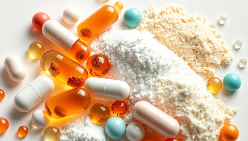 Detailed close-up illustration of various active vitamin complex components, including vitamin capsules, softgels, tablets, powders, and liquid droplets. Bright, vivid, high-resolution rendering with precise, realistic details. Soft, warm lighting from multiple angles to highlight the texture and form of each element. Staged in a clean, minimal studio setting to emphasize the key ingredients. Conveying a sense of purity, quality, and scientific precision. Arranged in a dynamic, layered composition to create visual interest and showcase the diverse active components. Detailed close-up illustration of various active vitamin complex components, including vitamin capsules, softgels, tablets, powders, and liquid droplets. Bright, vivid, high-resolution rendering with precise, realistic details. Soft, warm lighting from multiple angles to highlight the texture and form of each element. Staged in a clean, minimal studio setting to emphasize the key ingredients. Conveying a sense of purity, quality, and scientific precision. Arranged in a dynamic, layered composition to create visual interest and showcase the diverse active components.