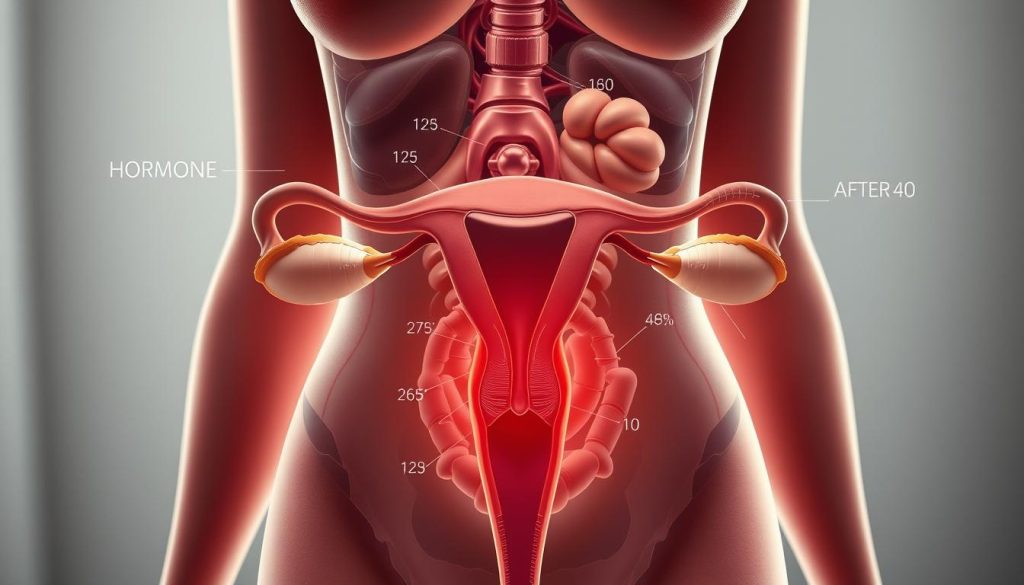 Detailed hormonal changes in a woman's body after 40, depicted through a medical illustration. Central focus on the female reproductive system, with overlaid visualizations of fluctuating hormone levels. Subtle, muted color palette with anatomical precision. Soft, diffused lighting from above casts gentle shadows, highlighting key structures. Cutaway view to reveal inner workings, while maintaining a sense of organic fluidity. Background blurred to direct attention inward, emphasizing the intricate physiological processes. Technical, educational style conveys the informative nature of the image.