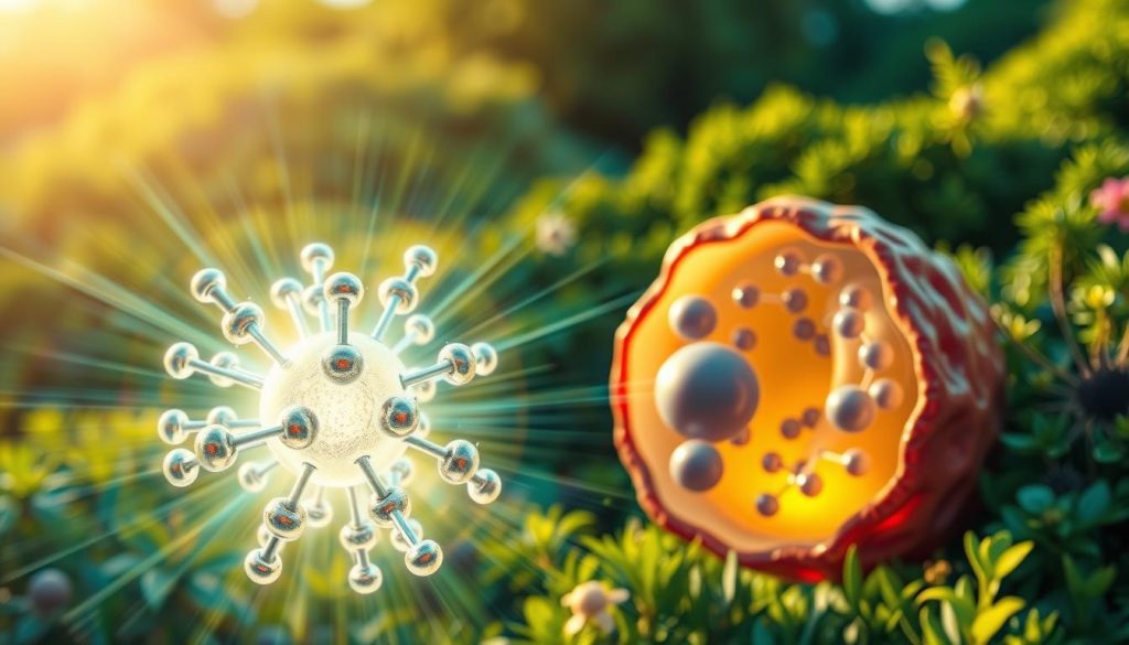 Detailed illustration showcasing the antioxidant properties of selenium. A vibrant, high-resolution, photorealistic image. In the foreground, a molecular model of selenium surrounded by a glowing energy field, representing its potent antioxidant capabilities. In the middle ground, a cross-section of a healthy human cell, with selenium molecules interacting with free radicals and oxidative stress. In the background, a serene landscape of lush greenery, symbolizing the nourishing, restorative effects of selenium on the body. Warm, natural lighting illuminates the scene, creating a sense of balance and vitality. Composition emphasizes the central role of selenium in maintaining cellular health and wellbeing.
