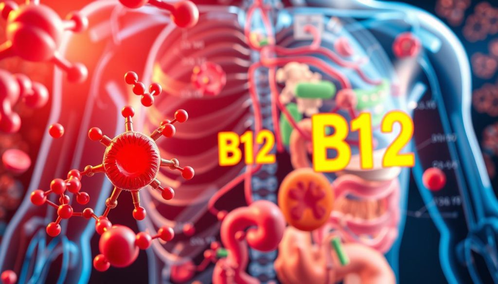 Detailed scientific diagram depicting the biochemical functions of vitamin B12 in the human body. Intricate 3D illustration, vibrant colors, surgical precision. Foreground shows molecular structures and chemical pathways of B12 metabolism. Midground features cells, tissues, and organs impacted by B12 - red blood cells, nervous system, digestive tract. Background showcases the broader physiological effects, including energy production, DNA synthesis, and immune system support. Dramatic lighting from multiple angles highlights the complexity and importance of this essential nutrient. Rendered with photorealistic accuracy to support educational medical content. Detailed scientific diagram depicting the biochemical functions of vitamin B12 in the human body. Intricate 3D illustration, vibrant colors, surgical precision. Foreground shows molecular structures and chemical pathways of B12 metabolism. Midground features cells, tissues, and organs impacted by B12 - red blood cells, nervous system, digestive tract. Background showcases the broader physiological effects, including energy production, DNA synthesis, and immune system support. Dramatic lighting from multiple angles highlights the complexity and importance of this essential nutrient. Rendered with photorealistic accuracy to support educational medical content.