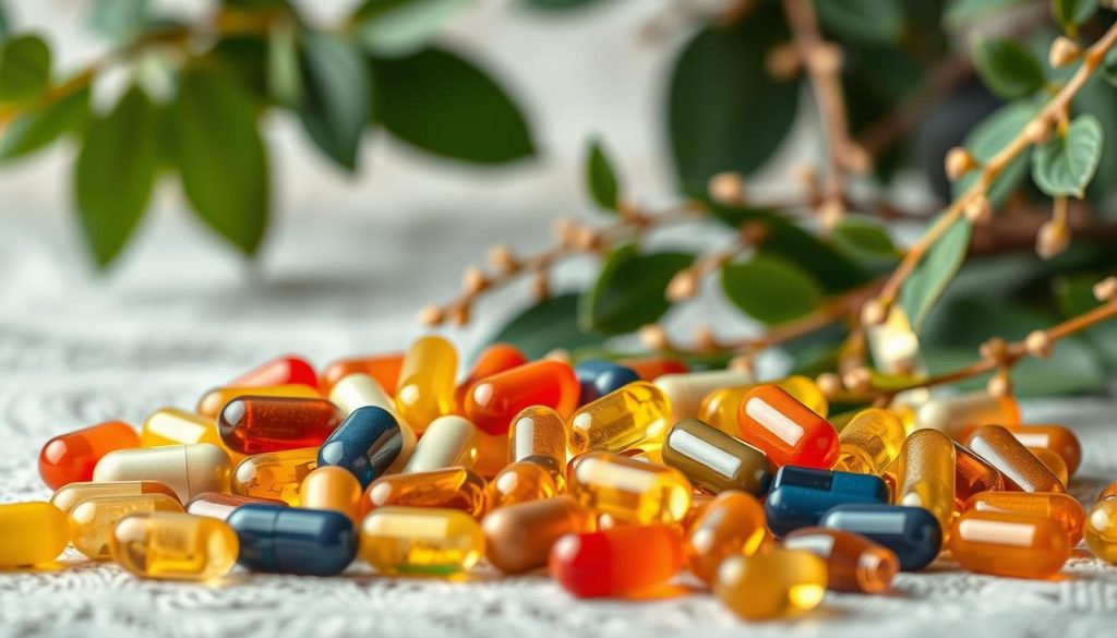 Detailed vitamin B complex in a natural, organic arrangement. Vibrant capsules, tablets, and softgels in the foreground, with a harmonious blend of B vitamins such as B1, B2, B3, B5, B6, B7, and B12 in the middle ground. The background features a soft, blurred pattern of leaves, stems, and natural textures to convey the health and wellness theme. Warm, balanced lighting illuminates the scene, highlighting the intricate details and colors of the vitamin supplements. The overall composition reflects the importance and beneficial properties of the B vitamin group for the human body.
