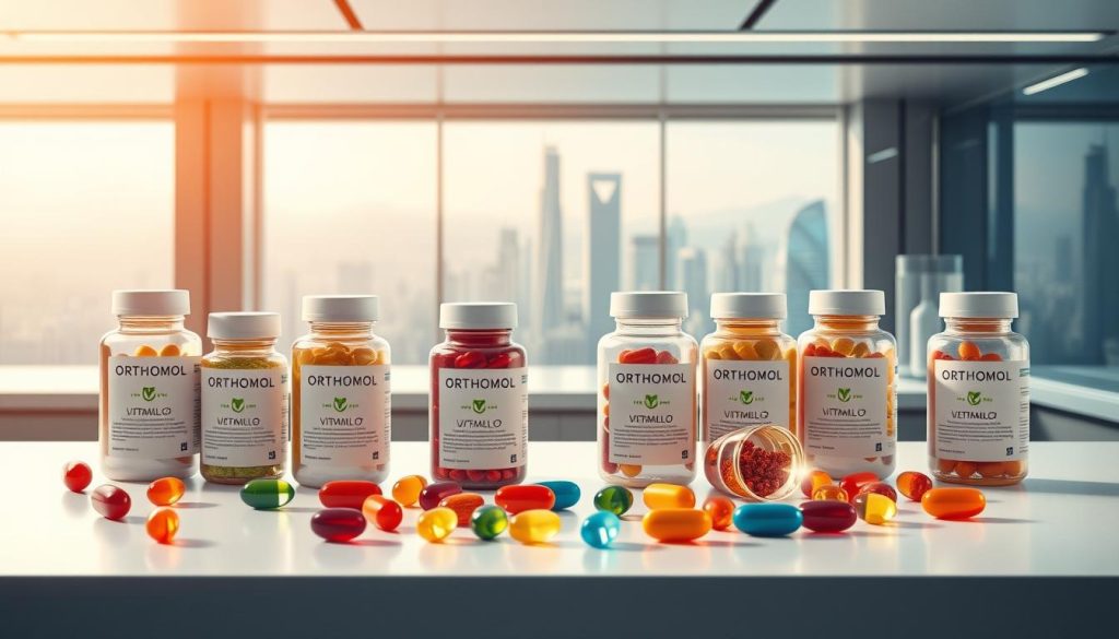 Innovative vitamin complexes by Orthomol, set against a sleek, modern backdrop. In the foreground, a sophisticated arrangement of vibrant capsules and tablets, each containing a carefully curated blend of essential nutrients. The middle ground features a minimalist laboratory setting, with clean, stainless steel surfaces and scientific apparatus hinting at the rigorous research and development process behind these innovative products. The background showcases a panoramic view of a dynamic, forward-thinking cityscape, symbolizing the brand's commitment to pushing the boundaries of nutritional science and wellness. Soft, directional lighting casts a warm, inviting glow, creating a sense of both professionalism and approachability. The overall composition conveys a sense of innovation, quality, and a dedication to enhancing human health and well-being. Innovative vitamin complexes by Orthomol, set against a sleek, modern backdrop. In the foreground, a sophisticated arrangement of vibrant capsules and tablets, each containing a carefully curated blend of essential nutrients. The middle ground features a minimalist laboratory setting, with clean, stainless steel surfaces and scientific apparatus hinting at the rigorous research and development process behind these innovative products. The background showcases a panoramic view of a dynamic, forward-thinking cityscape, symbolizing the brand's commitment to pushing the boundaries of nutritional science and wellness. Soft, directional lighting casts a warm, inviting glow, creating a sense of both professionalism and approachability. The overall composition conveys a sense of innovation, quality, and a dedication to enhancing human health and well-being.