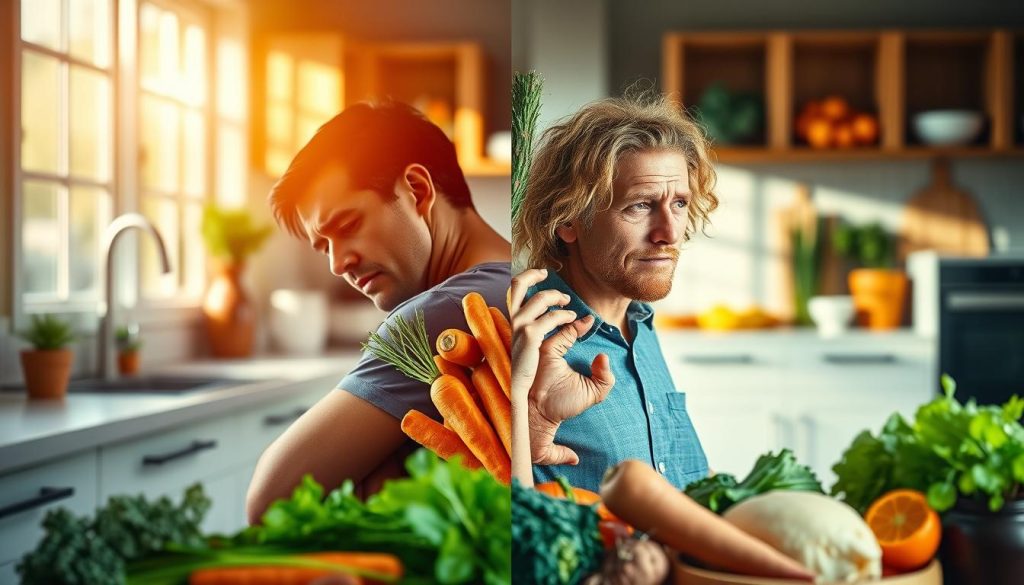 A balanced composition illustrating the concept of vitamin A deficiency and excess. In the foreground, a split image of two human figures: one looking weak and fatigued, surrounded by dark, muted colors, symbolizing deficiency; the other vibrant and healthy, surrounded by bright oranges and greens, representing excess. In the middle ground, a variety of foods rich in vitamin A, such as carrots, sweet potatoes, and leafy greens, artfully arranged. In the background, a sunlit kitchen setting with soft, warm lighting, enhancing the positive atmosphere. Use a shallow depth of field to keep the focus on the figures and food. Aim for a professional and educational mood, suitable for an article about vitamin A. A balanced composition illustrating the concept of vitamin A deficiency and excess. In the foreground, a split image of two human figures: one looking weak and fatigued, surrounded by dark, muted colors, symbolizing deficiency; the other vibrant and healthy, surrounded by bright oranges and greens, representing excess. In the middle ground, a variety of foods rich in vitamin A, such as carrots, sweet potatoes, and leafy greens, artfully arranged. In the background, a sunlit kitchen setting with soft, warm lighting, enhancing the positive atmosphere. Use a shallow depth of field to keep the focus on the figures and food. Aim for a professional and educational mood, suitable for an article about vitamin A.