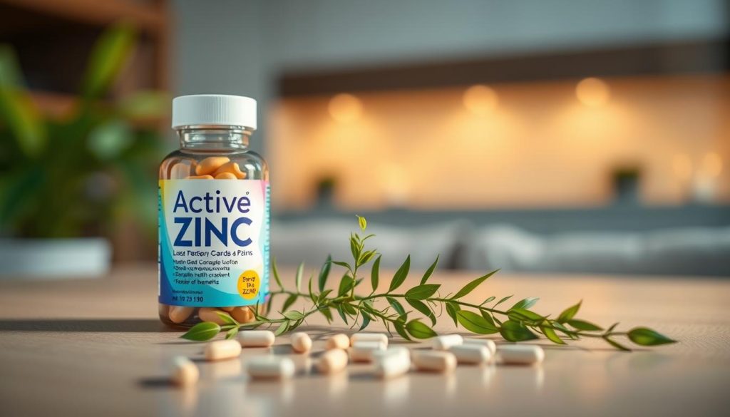 A beautifully arranged display of "Active Zinc" product packaging, showcasing a sleek, modern design with vibrant colors. The product should feature an elegant bottle with a label highlighting its composition, such as zinc content and health benefits, in a visually appealing layout. In the foreground, include a few scattered zinc tablets or capsules to signify the product. In the middle ground, arrange a few green plants, symbolizing natural health and vitality. The background should be softly blurred with a warm, inviting light that creates a comforting atmosphere. Capture the scene with a slight overhead angle, allowing the product details to stand out while maintaining an overall professional and informative vibe. A beautifully arranged display of "Active Zinc" product packaging, showcasing a sleek, modern design with vibrant colors. The product should feature an elegant bottle with a label highlighting its composition, such as zinc content and health benefits, in a visually appealing layout. In the foreground, include a few scattered zinc tablets or capsules to signify the product. In the middle ground, arrange a few green plants, symbolizing natural health and vitality. The background should be softly blurred with a warm, inviting light that creates a comforting atmosphere. Capture the scene with a slight overhead angle, allowing the product details to stand out while maintaining an overall professional and informative vibe.