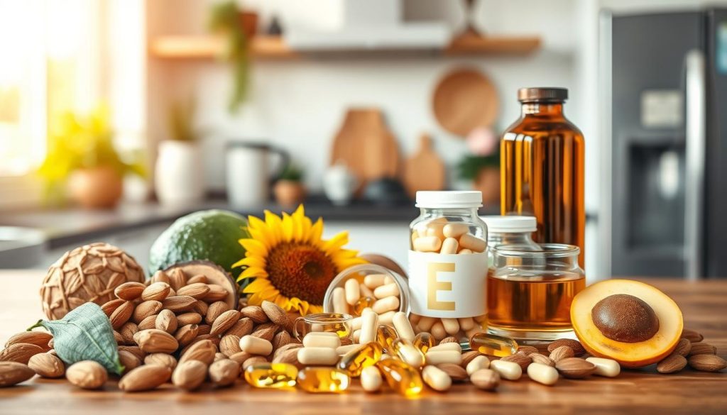 A beautifully arranged display of different forms of Vitamin E, showcasing the various types such as tocopherol and tocotrienol. In the foreground, a variety of natural sources rich in Vitamin E, like almonds, sunflower seeds, and avocados, are elegantly positioned on a wooden table. The middle ground highlights soft capsules and liquid supplements in inviting glass containers. The background features a serene kitchen environment, with soft, diffused afternoon light enhancing the warm colors of the scene. A shallow depth of field focuses on the foreground elements while gently blurring the background. The overall mood is vibrant and health-focused, conveying the benefits of Vitamin E for the body. The composition should be clean and inviting, with no text or distracting elements.