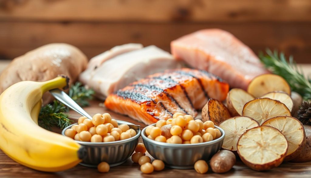 A beautifully arranged display of food sources rich in vitamin B6, including bananas, chickpeas, turkey, salmon, and potatoes, set against a rustic wooden background. In the foreground, focus on a vibrant yellow banana and a small bowl of chickpeas with a spoon resting beside it. The middle ground should feature a perfectly grilled salmon fillet and a few slices of roasted potatoes, artfully arranged to create depth. In the background, soft natural lighting enhances the colors of the ingredients, creating an inviting and wholesome atmosphere. The image should have a shallow depth of field, drawing attention to the food while gently blurring the background, evoking a sense of freshness and nutrition. A beautifully arranged display of food sources rich in vitamin B6, including bananas, chickpeas, turkey, salmon, and potatoes, set against a rustic wooden background. In the foreground, focus on a vibrant yellow banana and a small bowl of chickpeas with a spoon resting beside it. The middle ground should feature a perfectly grilled salmon fillet and a few slices of roasted potatoes, artfully arranged to create depth. In the background, soft natural lighting enhances the colors of the ingredients, creating an inviting and wholesome atmosphere. The image should have a shallow depth of field, drawing attention to the food while gently blurring the background, evoking a sense of freshness and nutrition.
