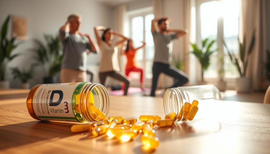 A bright and serene indoor setting, featuring a healthy, diverse group of individuals engaged in light physical activity, symbolizing wellness through Vitamin D3. In the foreground, a close-up of an open supplement bottle with Vitamin D3 capsules spilling out onto a wooden table, with sunlight filtering through a nearby window, creating a warm, inviting glow. In the middle ground, a few people of varying ages and ethnicities are performing gentle stretches or yoga, dressed in simple, professional workout attire. In the background, indoor plants and soft, natural decor enhance the atmosphere of health and vitality. The overall mood is positive and encouraging, emphasizing the preventive benefits of Vitamin D3 in maintaining health. A bright and serene indoor setting, featuring a healthy, diverse group of individuals engaged in light physical activity, symbolizing wellness through Vitamin D3. In the foreground, a close-up of an open supplement bottle with Vitamin D3 capsules spilling out onto a wooden table, with sunlight filtering through a nearby window, creating a warm, inviting glow. In the middle ground, a few people of varying ages and ethnicities are performing gentle stretches or yoga, dressed in simple, professional workout attire. In the background, indoor plants and soft, natural decor enhance the atmosphere of health and vitality. The overall mood is positive and encouraging, emphasizing the preventive benefits of Vitamin D3 in maintaining health.