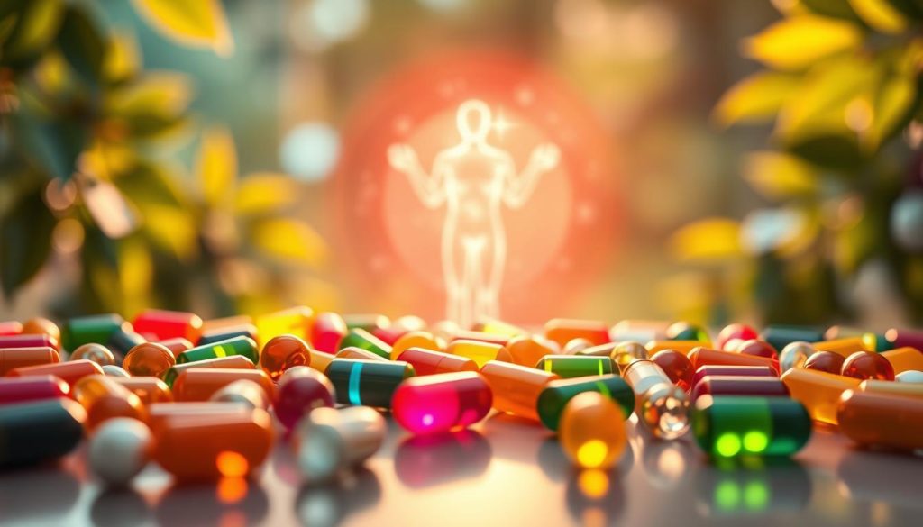 A captivating illustration showcasing the role of vitamins and minerals in cellular protection, with a focus on antioxidant support for health. In the foreground, vividly colored vitamin and mineral capsules are scattered, reflecting their essential nature. In the middle, visualize healthy human cells glowing softly, surrounded by an aura symbolizing protection and vitality. The background features a serene, blurred nature scene with natural light filtering through leaves, creating a sense of wellness. Use soft, warm lighting to evoke a nurturing atmosphere, with a slight bokeh effect to enhance the focus on the cells and nutrients. The overall mood should convey health, vitality, and the intricate balance of nutrition in cellular defense. A captivating illustration showcasing the role of vitamins and minerals in cellular protection, with a focus on antioxidant support for health. In the foreground, vividly colored vitamin and mineral capsules are scattered, reflecting their essential nature. In the middle, visualize healthy human cells glowing softly, surrounded by an aura symbolizing protection and vitality. The background features a serene, blurred nature scene with natural light filtering through leaves, creating a sense of wellness. Use soft, warm lighting to evoke a nurturing atmosphere, with a slight bokeh effect to enhance the focus on the cells and nutrients. The overall mood should convey health, vitality, and the intricate balance of nutrition in cellular defense.