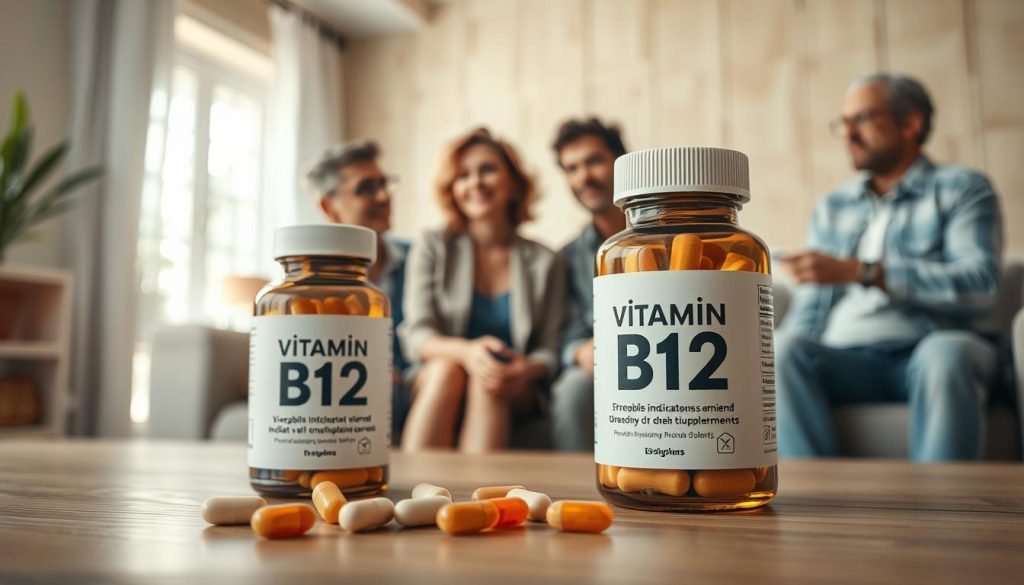 A close-up image featuring a bottle of vitamin B12 tablets prominently displayed in the foreground, with a few tablets spilled beside it. In the middle ground, a healthy, diverse group of adults in smart casual clothing discusses health benefits, with emphasis on wellness and knowledge sharing. In the background, a cozy room with light wood tones and soft, natural lighting creates a warm atmosphere. The scene should evoke a sense of community and health awareness, emphasizing the discussion around indications for B12 supplementation. The composition should include soft focus elements, highlighting the subjects while keeping the vitamin bottle in sharp detail, to convey the importance of proper intake for overall health.