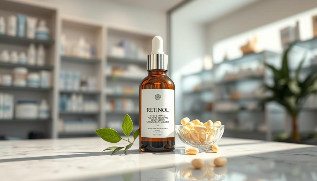 A close-up scene of a high-quality retinol serum bottle elegantly displayed on a marble countertop, with soft, diffused natural light illuminating the bottle's sleek design. In the foreground, the label of the bottle is prominently visible, showcasing the product's name and details, while a few carefully arranged green leaves and a small crystal bowl of retinol capsules are placed beside it. In the background, a blurred pharmacy setting suggests a sense of authenticity, with shelves neatly lined with various skincare products. The atmosphere is serene and professional, emphasizing the trustworthiness of the product. Use a shallow depth of field to draw attention to the bottle, capturing the elegance and quality of the retinol in a refined and inviting manner.