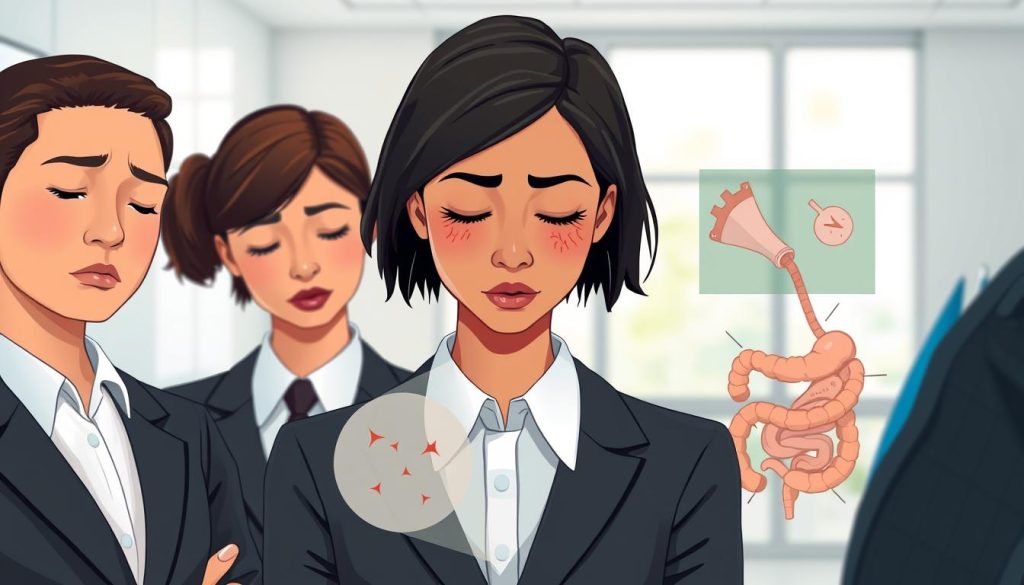 A close-up, scientifically detailed illustration of various symptoms associated with vitamin B3 deficiency. The foreground features a diverse group of three individuals (Caucasian, Black, and Asian) dressed in professional business attire, showcasing signs of fatigue, skin irritations, and gastrointestinal discomfort. In the middle ground, display visual representations of the symptoms, such as dark patches on skin and a subtle depiction of digestive issues, presented in a soft, informative manner. The background is a gently blurred clinical setting, illuminated by natural light coming from a window, creating a calm and serious atmosphere. The overall mood is educational and thought-provoking, aiming to raise awareness about the importance of vitamin B3 in human health. A close-up, scientifically detailed illustration of various symptoms associated with vitamin B3 deficiency. The foreground features a diverse group of three individuals (Caucasian, Black, and Asian) dressed in professional business attire, showcasing signs of fatigue, skin irritations, and gastrointestinal discomfort. In the middle ground, display visual representations of the symptoms, such as dark patches on skin and a subtle depiction of digestive issues, presented in a soft, informative manner. The background is a gently blurred clinical setting, illuminated by natural light coming from a window, creating a calm and serious atmosphere. The overall mood is educational and thought-provoking, aiming to raise awareness about the importance of vitamin B3 in human health.