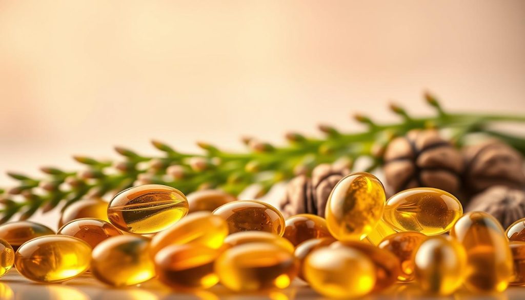 A close-up view of a vibrant, multi-layered composition showcasing omega-3 fatty acids in a stylized, modern presentation. In the foreground, elegantly arranged capsules in translucent soft gels glow with hues of amber and gold, reflecting health and vitality. The middle layer features fresh, green leaves of flaxseed, algae, and walnuts, artistically intertwined, symbolizing natural sources rich in omega-3. The background should be a softly blurred gradient of pastel colors, creating a calming atmosphere. Warm, natural lighting highlights the textures of the capsules and leaves, evoking a sense of purity and well-being. The entire scene conveys a mood of health enhancement, tailored for an audience interested in nutritional supplements and their benefits.