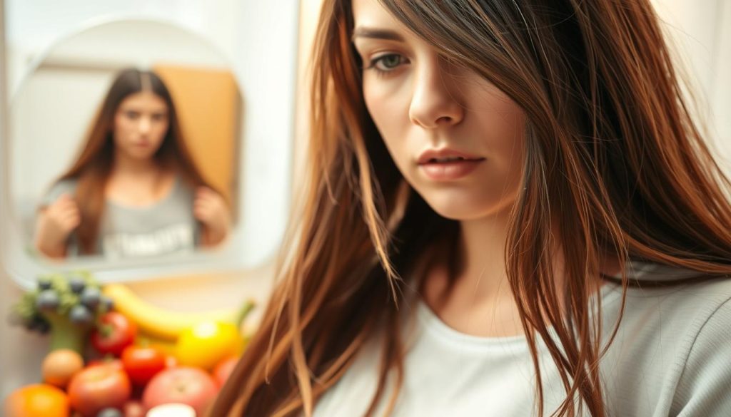 A close-up view of a woman's hair, showing distinct signs of vitamin deficiency, with noticeable thinning and brittle strands. In the foreground, delicate strands of hair fall gently, emphasizing a sense of loss. The middle section depicts a vibrant array of fresh fruits and vegetables, representing essential vitamins and nutrients, positioned elegantly to illustrate the importance of nutrition. In the background, a softly lit bathroom mirror reflects a concerned expression on the woman’s face, dressed in modest casual clothing, conveying a sense of contemplation. The lighting is warm and inviting, creating a calm yet serious atmosphere. Use a shallow depth of field to focus sharply on the hair while gently blurring the background for depth, enhancing the emotional impact of the scene.