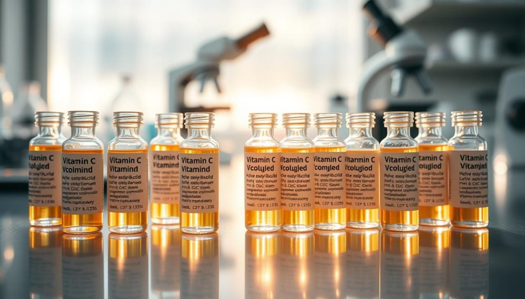 A close-up view of clear glass ampoules containing vitamin C solution, arranged neatly on a reflective surface. The foreground features the ampoules, showcasing their labels with information about active ingredients like ascorbic acid and other beneficial components. In the middle ground, soft light illuminates the ampoules, creating highlights and gentle shadows, enhancing their clarity and showcasing the liquid inside. The background is a softly blurred laboratory setting with scientific equipment, such as a microscope and petri dishes, hinting at a professional atmosphere. The overall mood is clean, clinical, and informative, with bright, natural lighting to invoke a sense of trust and quality. The image should be free of any text or branding elements. A close-up view of clear glass ampoules containing vitamin C solution, arranged neatly on a reflective surface. The foreground features the ampoules, showcasing their labels with information about active ingredients like ascorbic acid and other beneficial components. In the middle ground, soft light illuminates the ampoules, creating highlights and gentle shadows, enhancing their clarity and showcasing the liquid inside. The background is a softly blurred laboratory setting with scientific equipment, such as a microscope and petri dishes, hinting at a professional atmosphere. The overall mood is clean, clinical, and informative, with bright, natural lighting to invoke a sense of trust and quality. The image should be free of any text or branding elements.