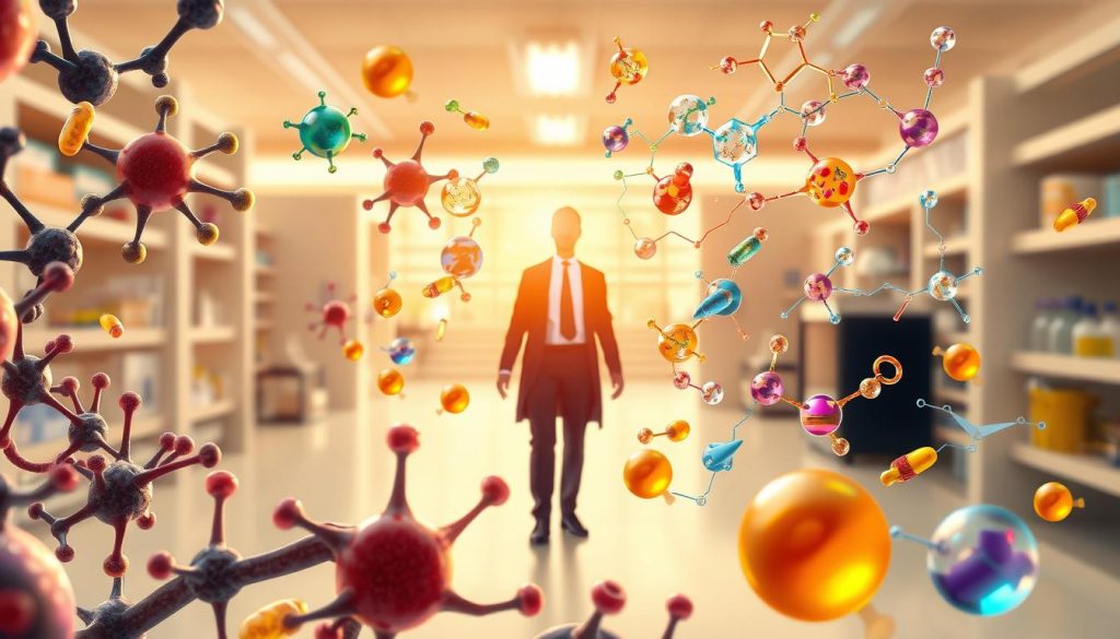 A detailed and dynamic illustration showcasing the mechanism of action of vitamins in metabolism. In the foreground, depict vitamin molecules interacting with cellular structures, highlighting areas of energy production and nutrient absorption. In the middle, illustrate a vibrant human silhouette in professional attire, indicating health and vitality. Surrounding this figure, visualize elements of biochemical pathways, such as enzymes and metabolic processes, represented in a colorful flow. The background should be a softly blurred laboratory setting, with warm, natural lighting creating an inviting atmosphere. Incorporate a sense of movement to reflect the dynamic nature of metabolism, while maintaining clarity and focus on the central theme.