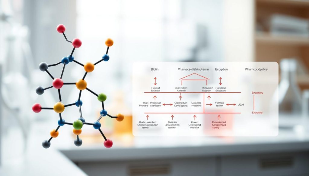 A detailed and intricate scientific illustration depicting the pharmacodynamics and pharmacokinetics of biotin. In the foreground, a vibrant molecular structure of biotin is highlighted, showcasing its chemical bonds and functional groups with colorful representations. The middle layer features an educational diagram illustrating the absorption, distribution, metabolism, and excretion pathways of biotin within the human body, using arrows and labels for clarity. The background consists of a softly blurred laboratory setting with beakers and scientific equipment, subtly emphasizing a professional atmosphere. The lighting is bright and clinical, creating a clean and focus-oriented mood. The perspective is slightly angled to draw the viewer's attention to the biochemical processes, ensuring an engaging yet scholarly feel.