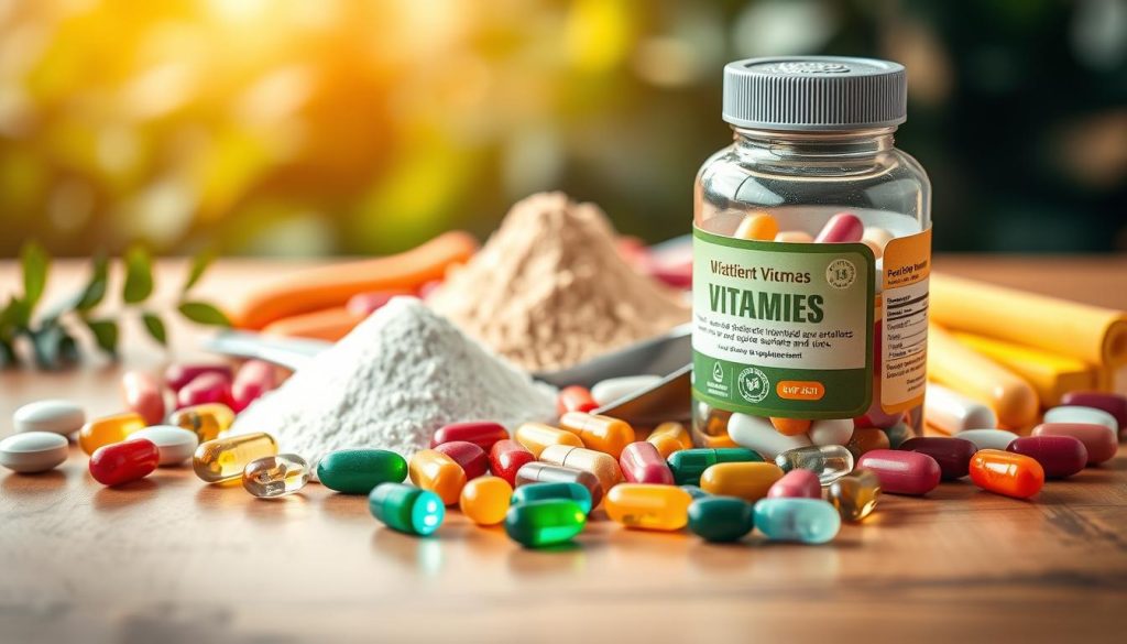 A detailed arrangement of various vitamin and mineral supplements in different forms, showcasing tablets, capsules, and powdered forms. In the foreground, a clear plastic bottle of multivitamin capsules with a vibrant label rests among colorful, shiny tablets arranged neatly on a smooth wooden surface. The middle ground features a glossy powder supplement in a small scoop, highlighting the contrast in forms. The background has soft, blurred greenery to evoke a sense of health and vitality. Warm, natural lighting enhances the freshness of the scene, with a slight vignette effect to draw focus to the supplements. The atmosphere is inviting and educational, perfect for illustrating comparisons in supplement forms. A detailed arrangement of various vitamin and mineral supplements in different forms, showcasing tablets, capsules, and powdered forms. In the foreground, a clear plastic bottle of multivitamin capsules with a vibrant label rests among colorful, shiny tablets arranged neatly on a smooth wooden surface. The middle ground features a glossy powder supplement in a small scoop, highlighting the contrast in forms. The background has soft, blurred greenery to evoke a sense of health and vitality. Warm, natural lighting enhances the freshness of the scene, with a slight vignette effect to draw focus to the supplements. The atmosphere is inviting and educational, perfect for illustrating comparisons in supplement forms.