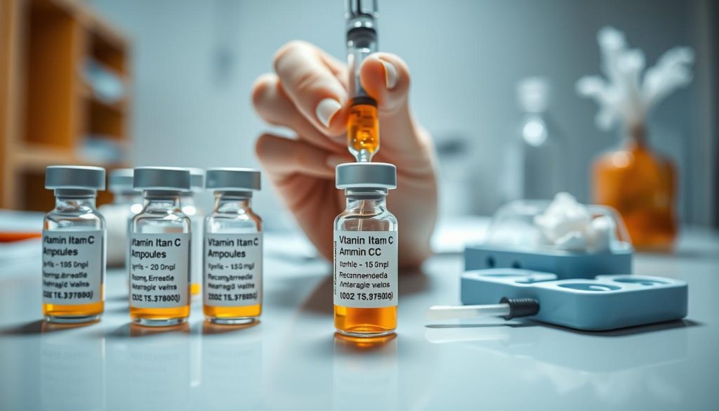 A detailed close-up composition showcasing vitamin C ampoules arranged on a clean, bright surface. In the foreground, focus on a few ampoules with their labels clearly visible, emphasizing a recommended dosage amount. The middle section features a hand holding a syringe, demonstrating the process of drawing the liquid from an ampoule, showcasing precision and care. In the background, softly blurred medical paraphernalia like cotton swabs and a small pill organizer can be seen, hinting at a clinical setting. The lighting is bright and clinical, emitting a sterile and professional atmosphere, while a shallow depth of field enhances focus on the ampoules and syringe. Aim for a mood of health, clarity, and professionalism throughout the image. A detailed close-up composition showcasing vitamin C ampoules arranged on a clean, bright surface. In the foreground, focus on a few ampoules with their labels clearly visible, emphasizing a recommended dosage amount. The middle section features a hand holding a syringe, demonstrating the process of drawing the liquid from an ampoule, showcasing precision and care. In the background, softly blurred medical paraphernalia like cotton swabs and a small pill organizer can be seen, hinting at a clinical setting. The lighting is bright and clinical, emitting a sterile and professional atmosphere, while a shallow depth of field enhances focus on the ampoules and syringe. Aim for a mood of health, clarity, and professionalism throughout the image.