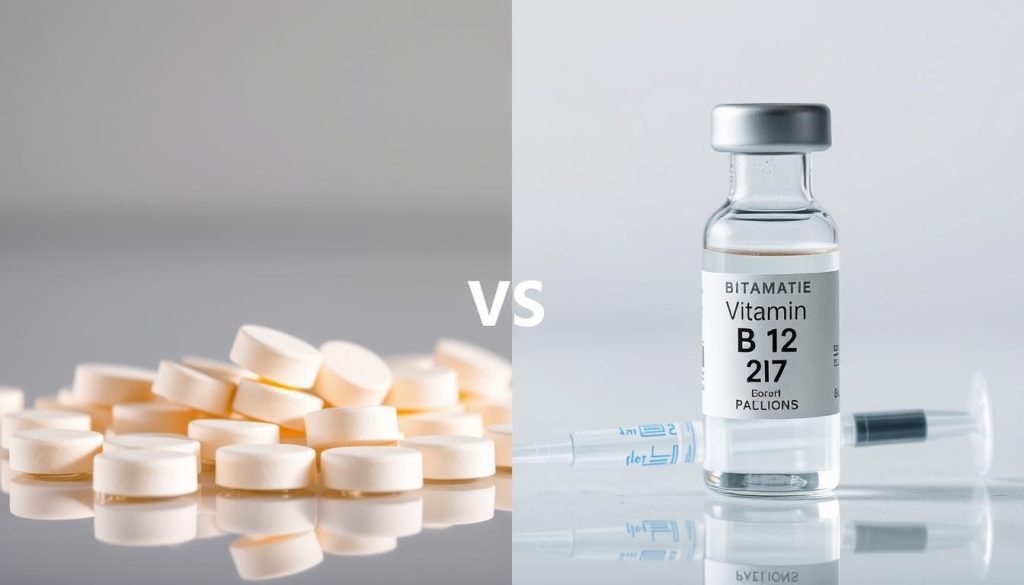 A detailed comparison of vitamin B12 forms, featuring a split image design. On the left, display a close-up of vitamin B12 tablets, arranged in an aesthetically pleasing manner on a reflective surface. Include a soft, diffused lighting effect that enhances the texture of the tablets. On the right, depict a vial and syringe of vitamin B12 injection, with a focus on the clarity of the solution inside the vial, set against a simple, elegant background. Use a slight depth of field to blur the background and keep the focus on the vitamin forms. Aim for a clinical yet visually appealing atmosphere, with a clean and professional aesthetic that invites readers to learn more about the differences between these forms. A detailed comparison of vitamin B12 forms, featuring a split image design. On the left, display a close-up of vitamin B12 tablets, arranged in an aesthetically pleasing manner on a reflective surface. Include a soft, diffused lighting effect that enhances the texture of the tablets. On the right, depict a vial and syringe of vitamin B12 injection, with a focus on the clarity of the solution inside the vial, set against a simple, elegant background. Use a slight depth of field to blur the background and keep the focus on the vitamin forms. Aim for a clinical yet visually appealing atmosphere, with a clean and professional aesthetic that invites readers to learn more about the differences between these forms.