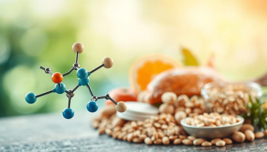 A detailed illustration representing the biochemical characteristics of Vitamin B3, featuring a close-up of a molecular structure in the foreground, capturing the intricate arrangement of atoms and bonds with vibrant colors. The middle section displays various natural food sources rich in Vitamin B3, such as fish, chicken, peanuts, and whole grains, artfully arranged. The background is softly blurred with a gradient of green and blue hues, suggesting a healthy and scientific atmosphere. Soft, diffused lighting illuminates the entire scene, creating a warm, inviting mood. The overall composition should convey a sense of natural science and health, emphasizing the importance of Vitamin B3 in the human body without any text or additional elements. A detailed illustration representing the biochemical characteristics of Vitamin B3, featuring a close-up of a molecular structure in the foreground, capturing the intricate arrangement of atoms and bonds with vibrant colors. The middle section displays various natural food sources rich in Vitamin B3, such as fish, chicken, peanuts, and whole grains, artfully arranged. The background is softly blurred with a gradient of green and blue hues, suggesting a healthy and scientific atmosphere. Soft, diffused lighting illuminates the entire scene, creating a warm, inviting mood. The overall composition should convey a sense of natural science and health, emphasizing the importance of Vitamin B3 in the human body without any text or additional elements.