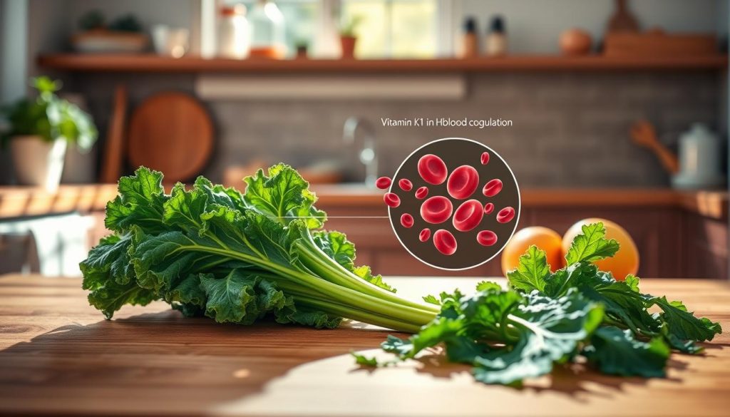 A detailed illustration showcasing the functions of Vitamin K1 in the context of blood coagulation. In the foreground, depict a vibrant green leafy vegetable, such as kale or spinach, rich in Vitamin K1, set on a wooden cutting board. The middle ground should feature a stylized representation of blood cells and platelets interacting, illustrating the coagulation process, with a focus on how Vitamin K1 facilitates this function. In the background, create a soft-focus kitchen environment with natural sunlight filtering through a window, casting gentle shadows. The mood should be informative and organic, evoking a sense of health and nutrition, with warm colors enhancing the inviting atmosphere.